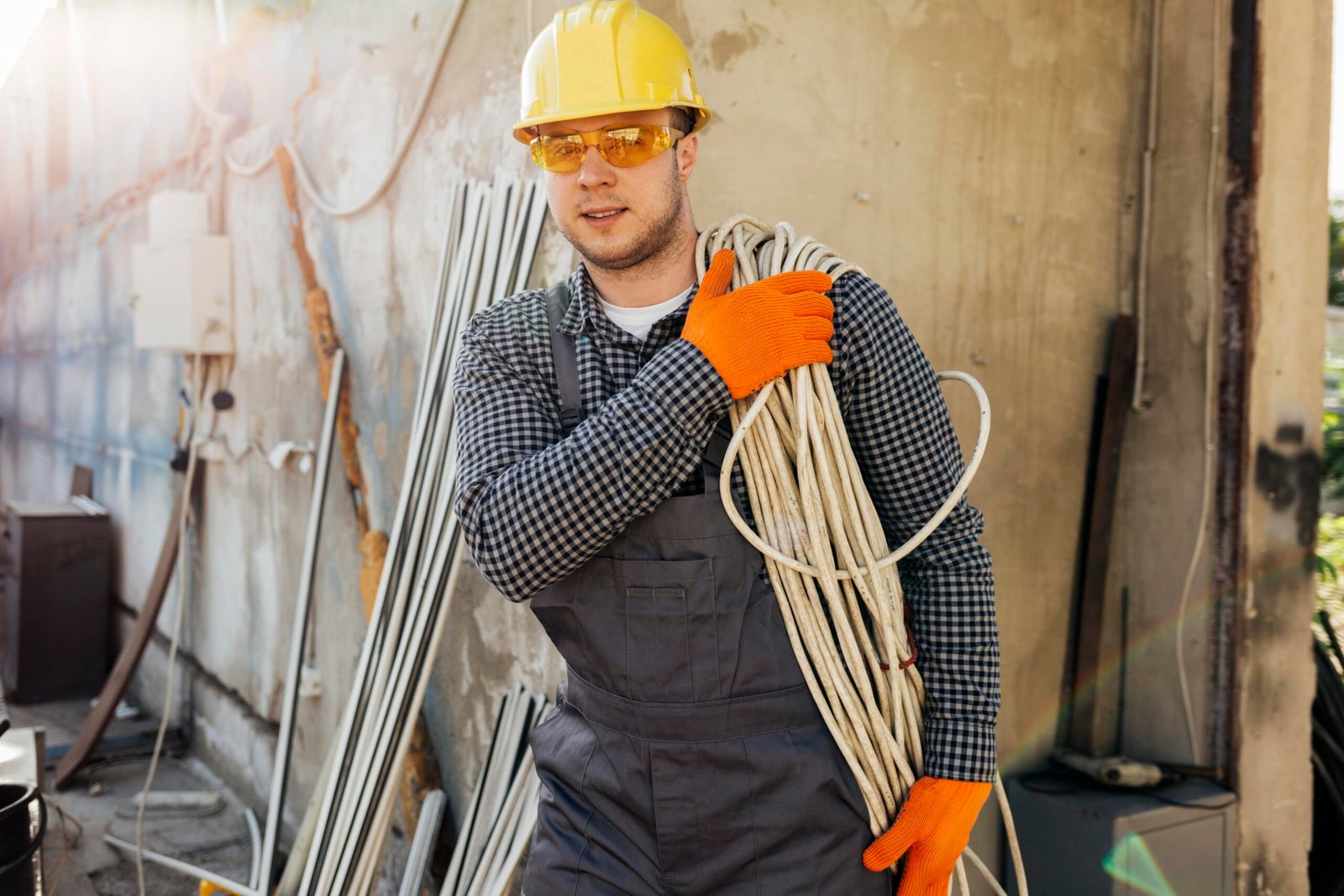 front view worker with hard hat carrying rope scaled